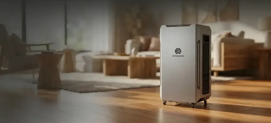 Dehumidifier running on a hardwood floor in a Gallatin living room during a dry-out