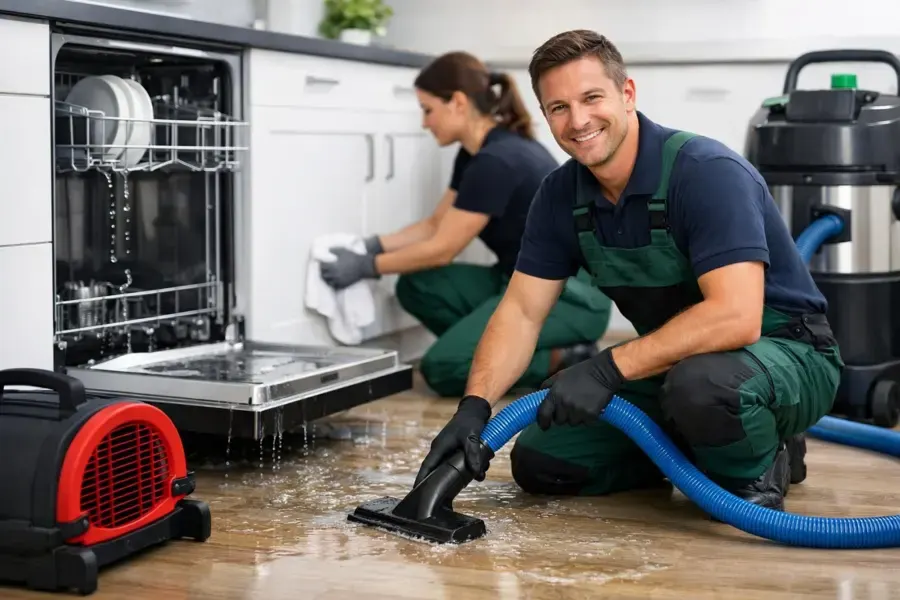 Two technicians extracting water from a kitchen floor beside an open dishwasher in a Gallatin home