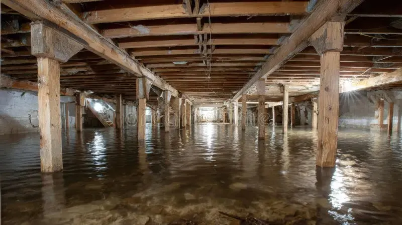 Floodwater standing in a crawl space between wood posts and joists