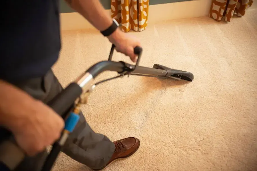 Carpet extraction tool working across a damp beige carpet