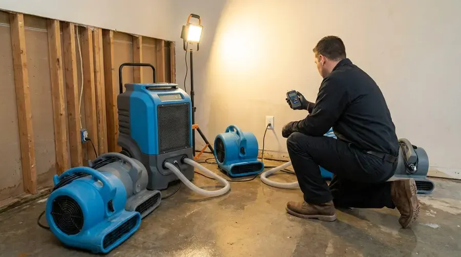 Technician checking a moisture meter beside a dehumidifier and air movers in a Gallatin room opened to the studs