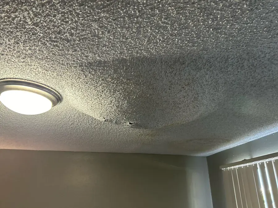 Water spot spreading across a textured apartment ceiling from a leak in the unit above