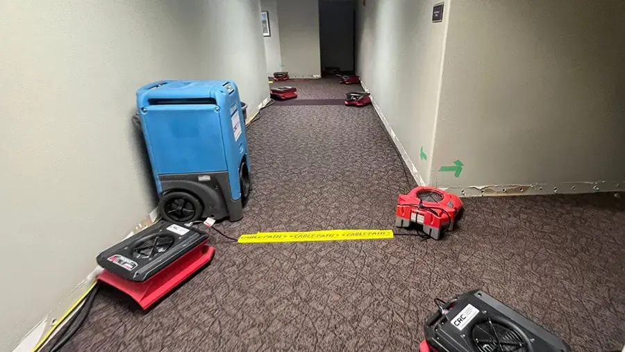 Dehumidifier and air movers drying the carpet of a long commercial hallway