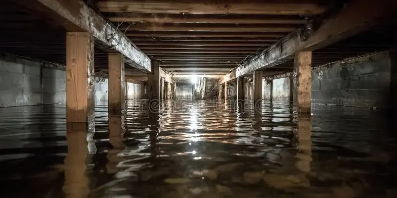 Standing water filling a crawl space between wood posts and floor joists under a Gallatin house