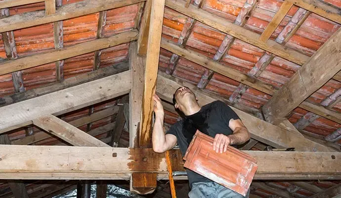 Technician in an attic checking water-stained roof framing with a clipboard after a storm