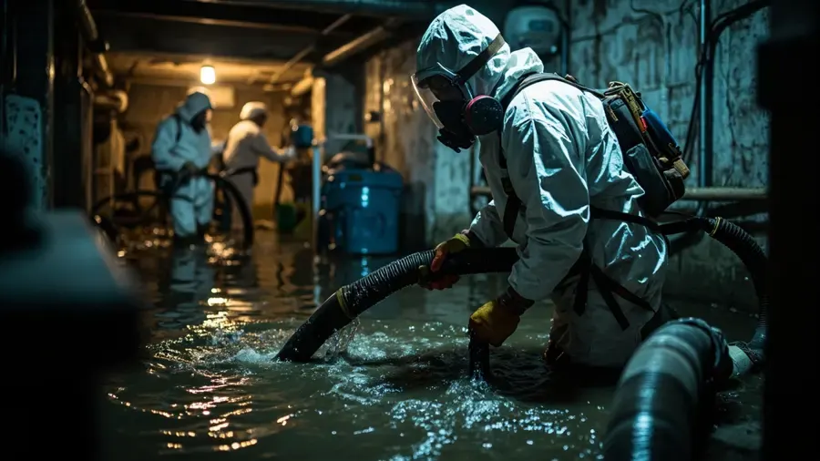 Workers in protective suits and respirators extracting contaminated water in a dark lower level