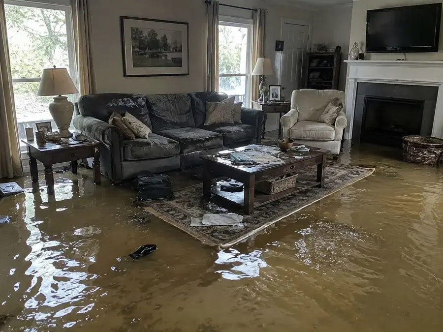 Muddy floodwater covering a living room floor around the sofa and coffee table after a creek flood