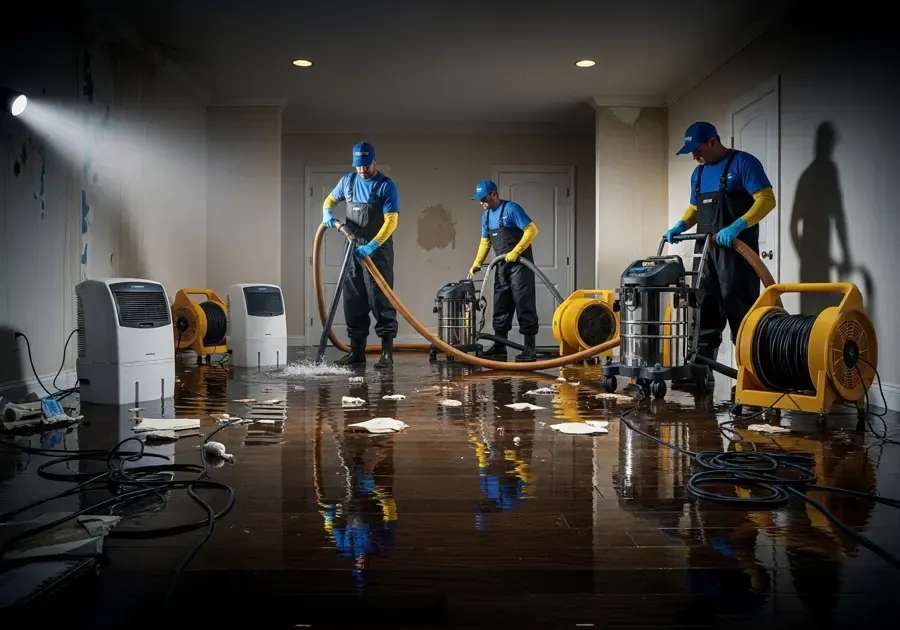 Extraction crew running hoses and pumps across a flooded floor with drying units staged